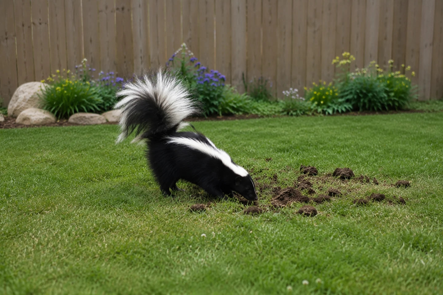 A skunk on a backyard lawn