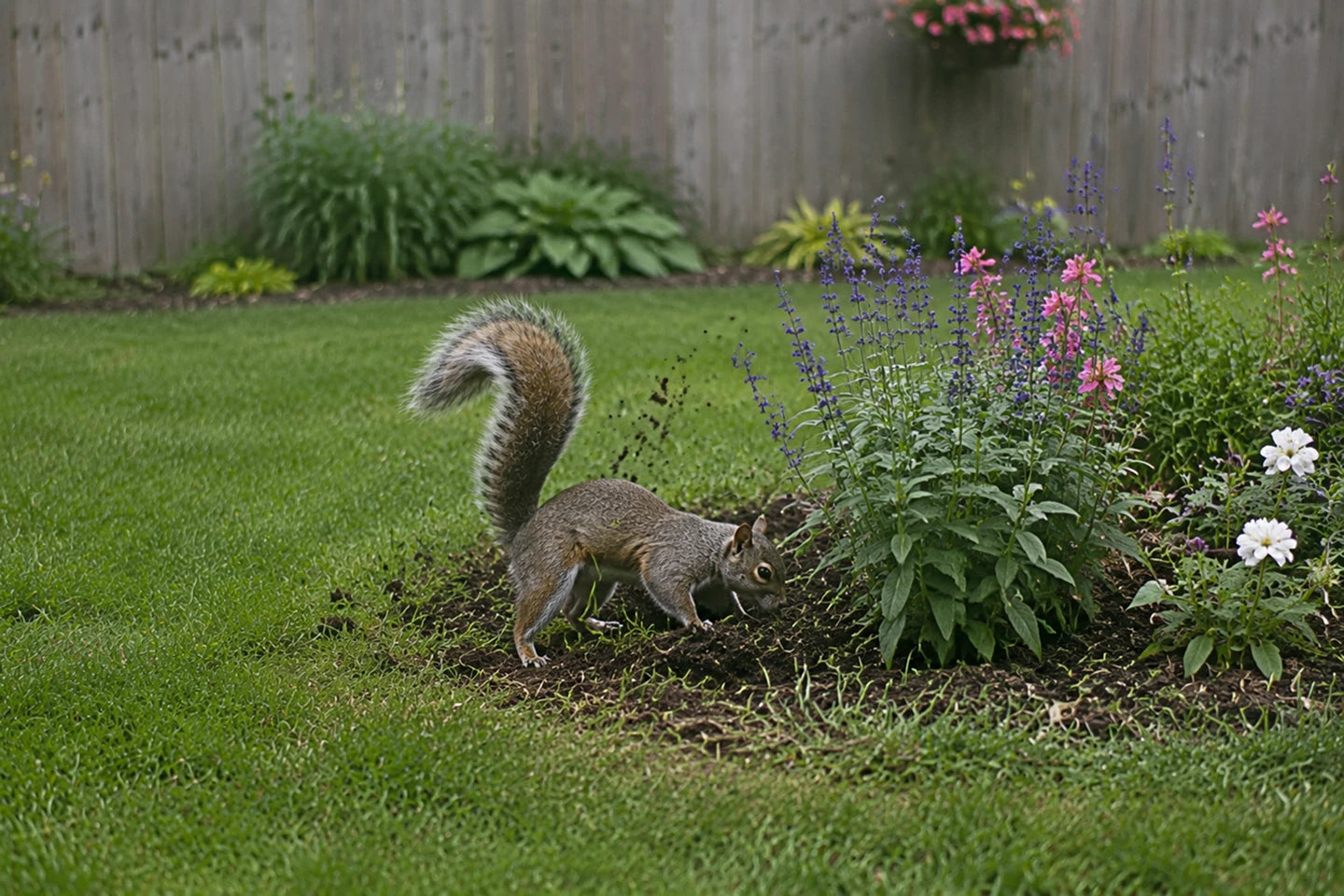 A squirrel digging in a flower pot